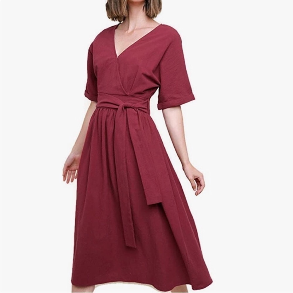 Umgee Red Burgundy Midi Dress Tie Rolled Sleeves